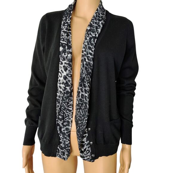 Tahari 100% Cotton Black Leopard Trim Button Front Cardigan Size Medium Petite - Picture 5 of 9